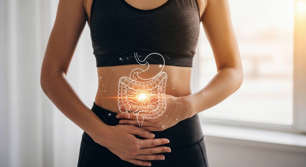 ALT: Mulher tocando o abdômen com ilustração gráfica do intestino representando o eixo intestino-cérebro.