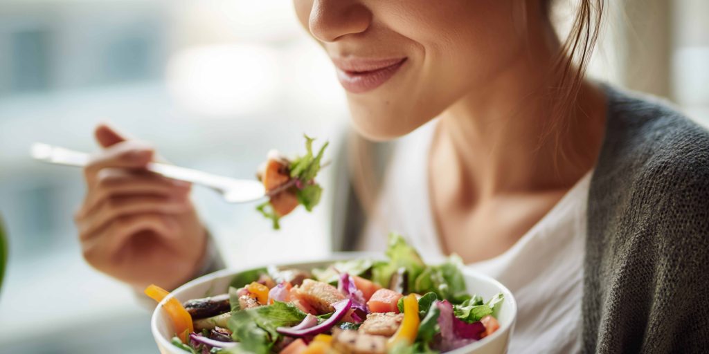 Mulher comendo salada fresca, simbolizando alimentação que favorece a saúde intestinal.